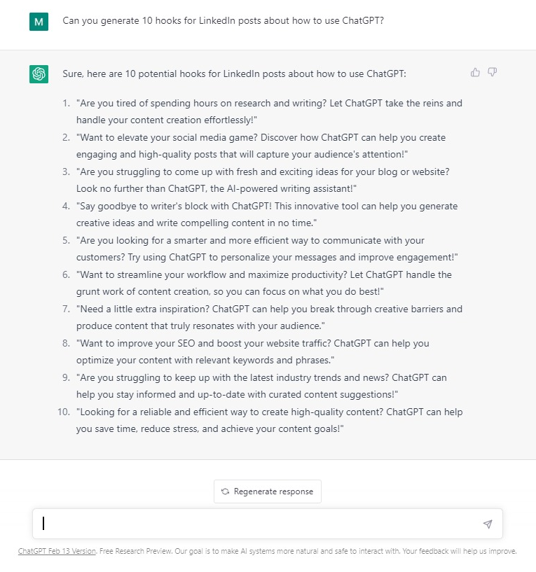 LinkedIn post hooks created by ChatGPT