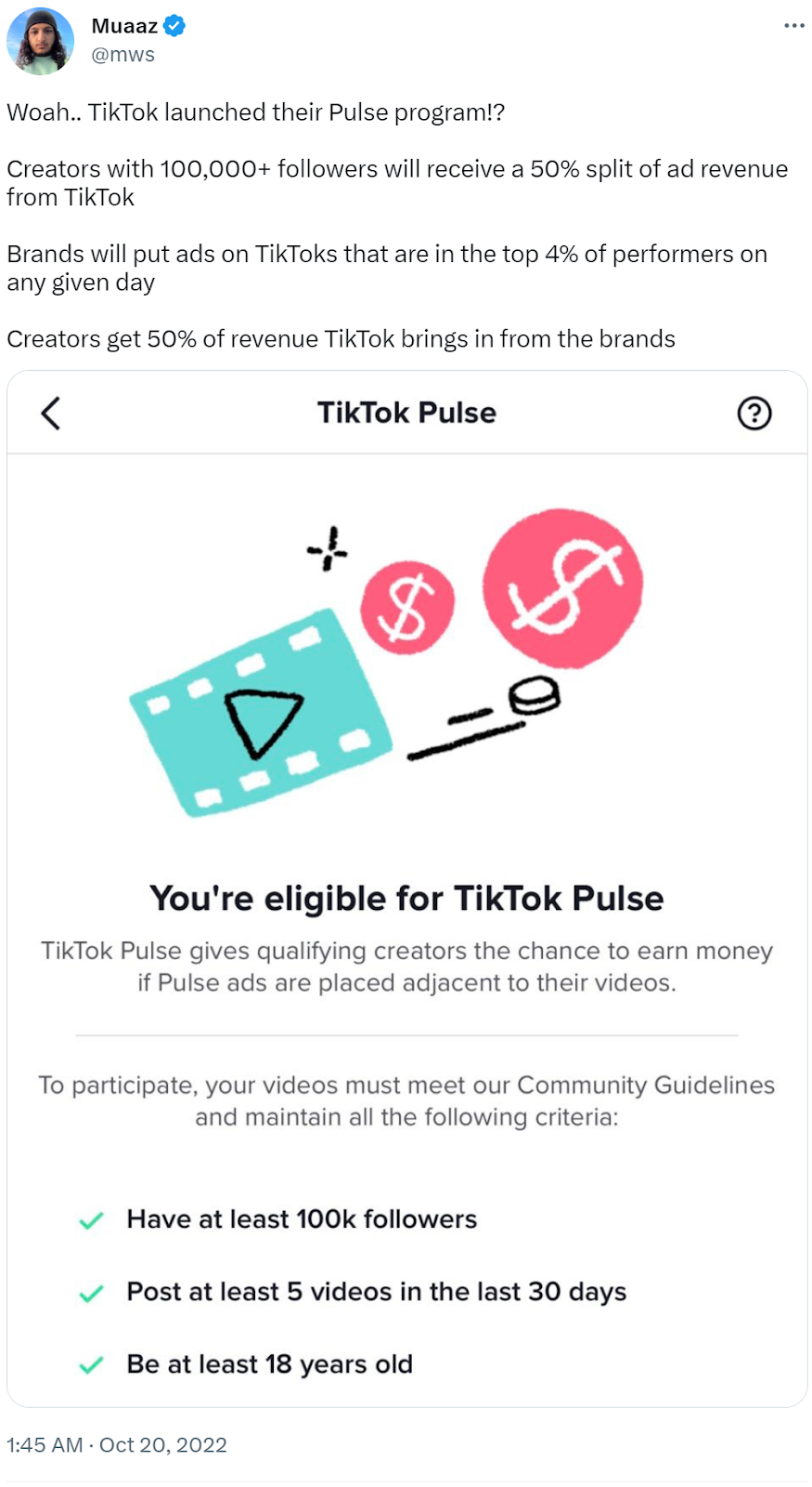 Twitter thread showing TikTok Pulse launch and creator invites